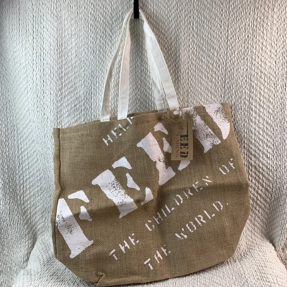 Clarins Burlap Canvas Tote Bag 7 FEED The Children Of The World 15X18X6" Shopper - Picture 1 of 15